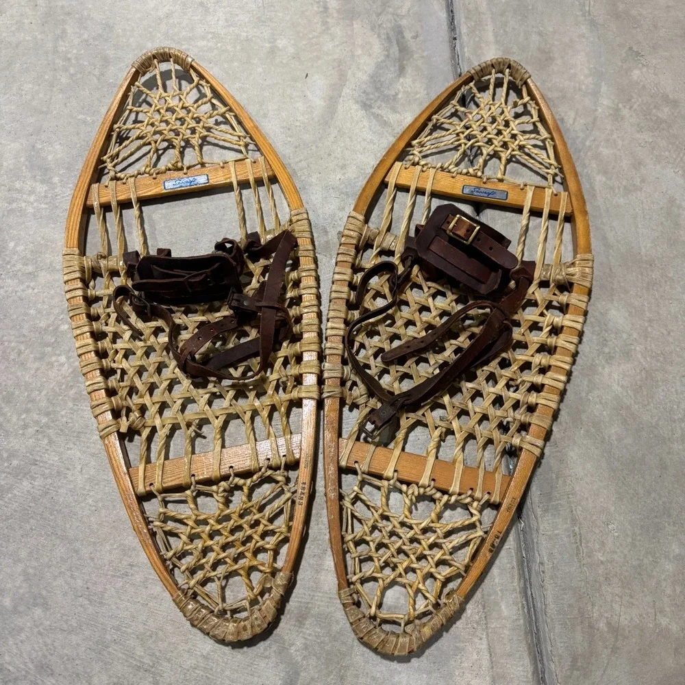 Vintage Pair Snowshoes By Snocraft Norway Maine USA 13x33 Leather w/ Bindings